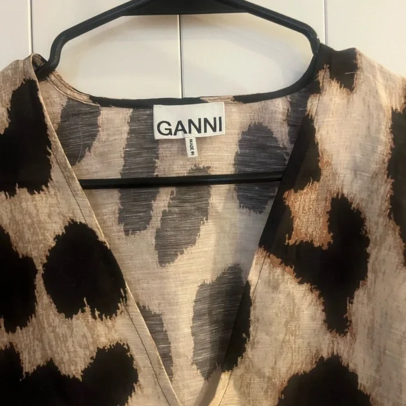 GANNI Beige and Black Animal Print V-Neck Dress - Picture 4 of 7
